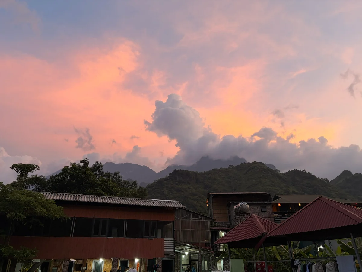 Homestays with clouds and red sunset above
