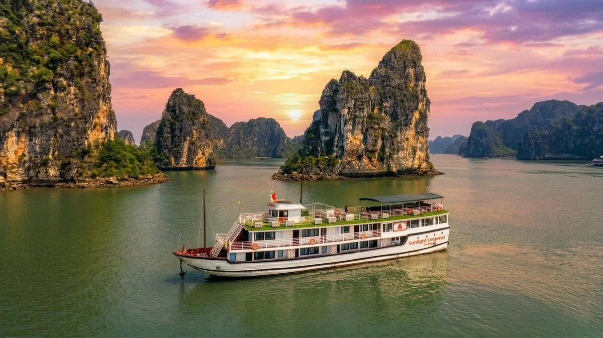Sunset over the ocean with karst islands and a cruise ship in the centre of the image