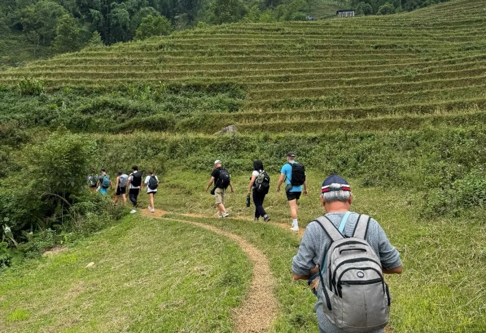 A group of people trek through a terraced rice field