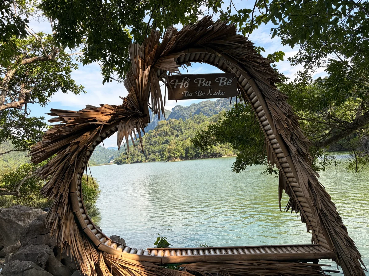 A lake and trees appear between a heart woven from wood to form a bench