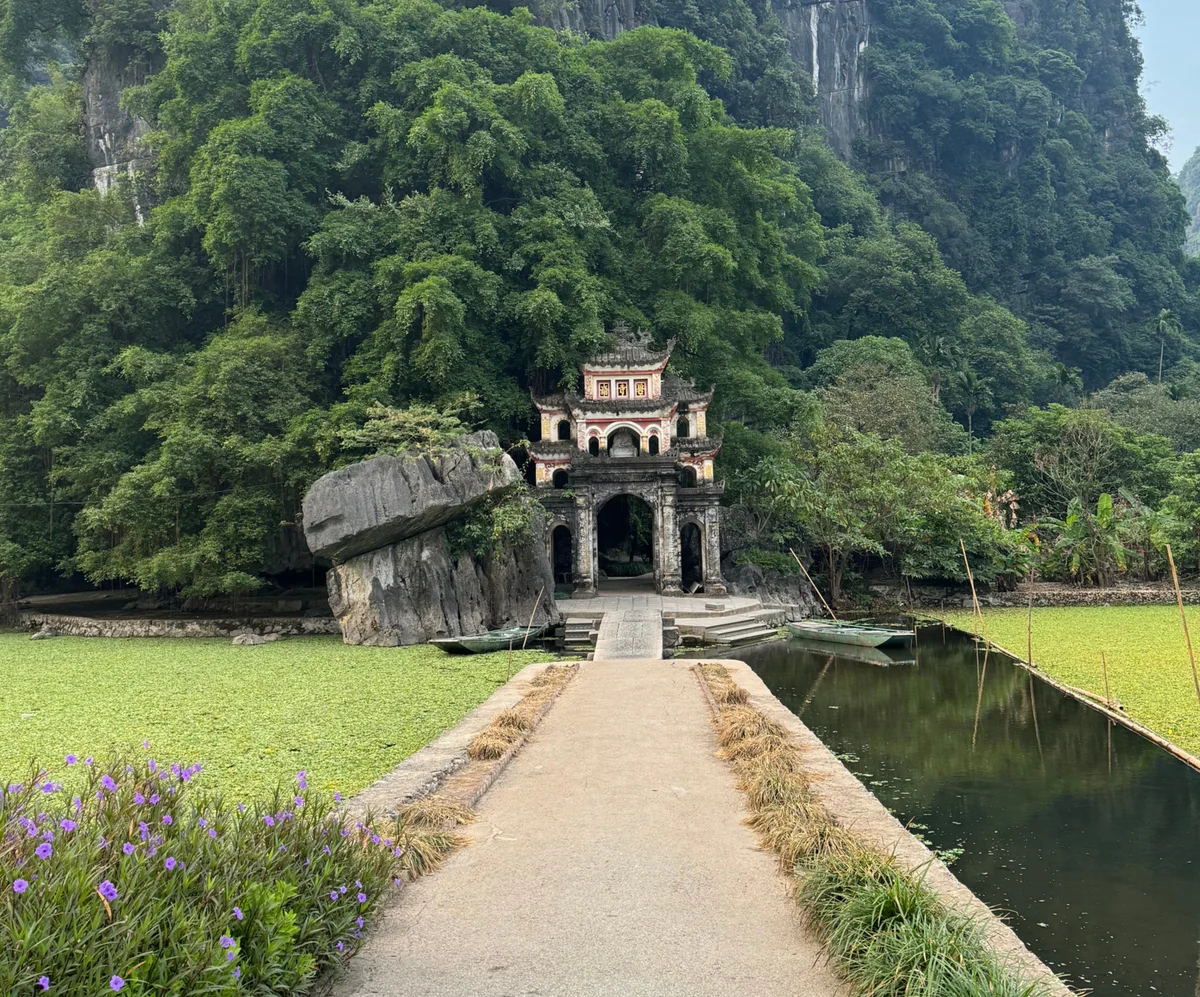 Bich Dong Pagoda at bottom of a mountain
