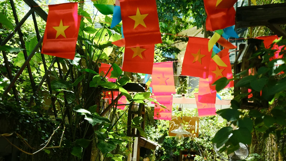 Vietnamese flags hanging above the streets 