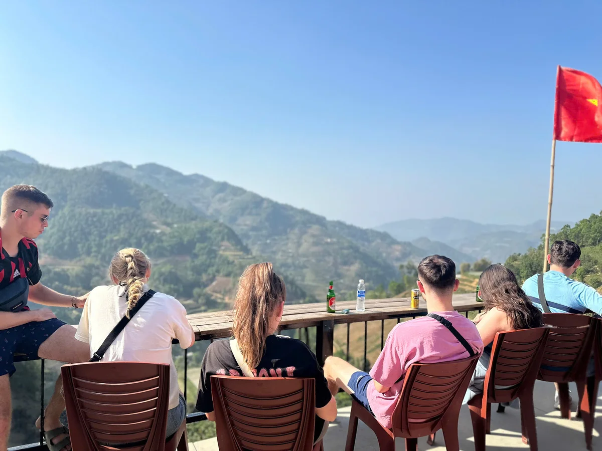 Guests resting at a pit stop on the Cao Bang Loop with Bong Hostel