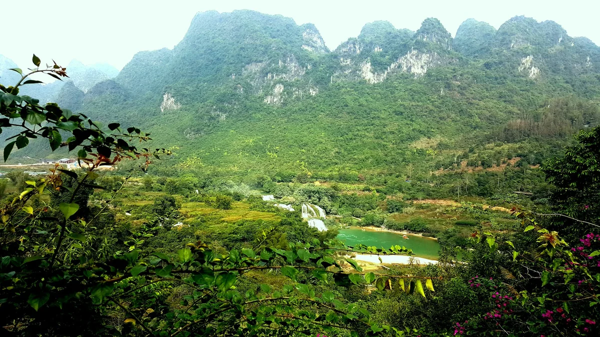 Lush green mountains and a waterfall with a turquoise pool are surrounded by dense foliage and vibrant flowers under a clear sky.