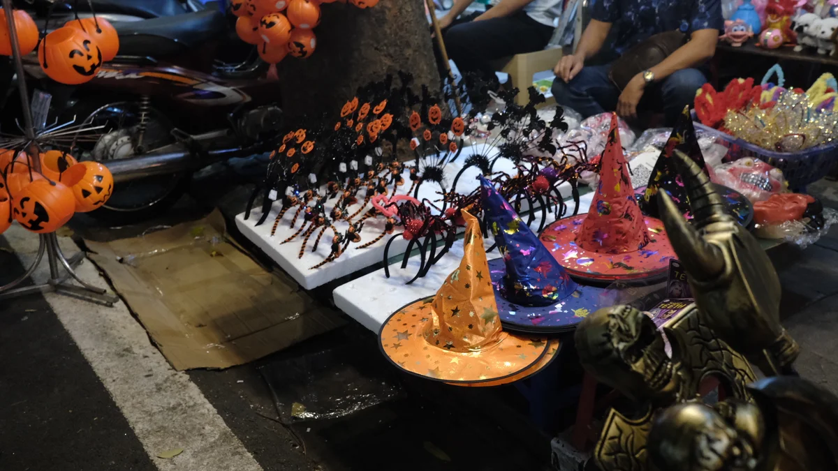 Halloween decorations such as witch hats and headbands