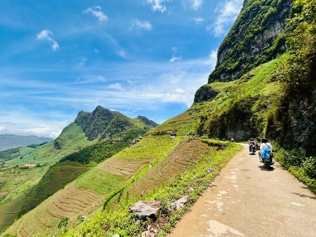 Scooters ride along a winding mountain road beside lush green terraces under a bright blue sky, creating a serene and adventurous mood.