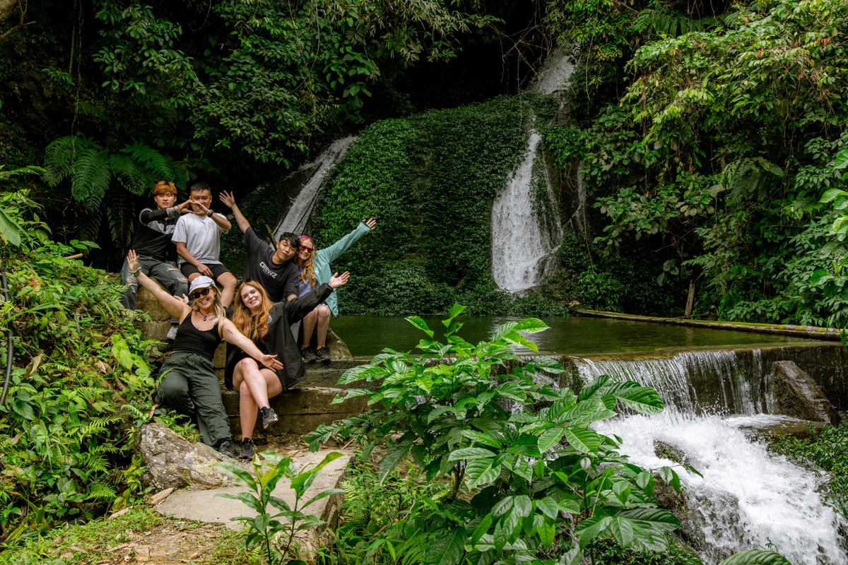 Group of six people posing with arms raised, smiling by lush green waterfall. Casual attire, vibrant foliage, joyful mood.