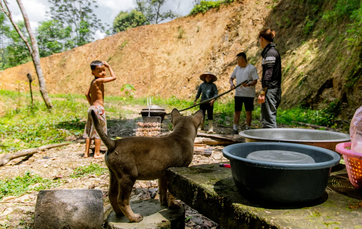 A dog watches a shirtless boy and three adults cook food outdoors. Metal bowls and a strainer are in the foreground. Earthy hillside backdrop.