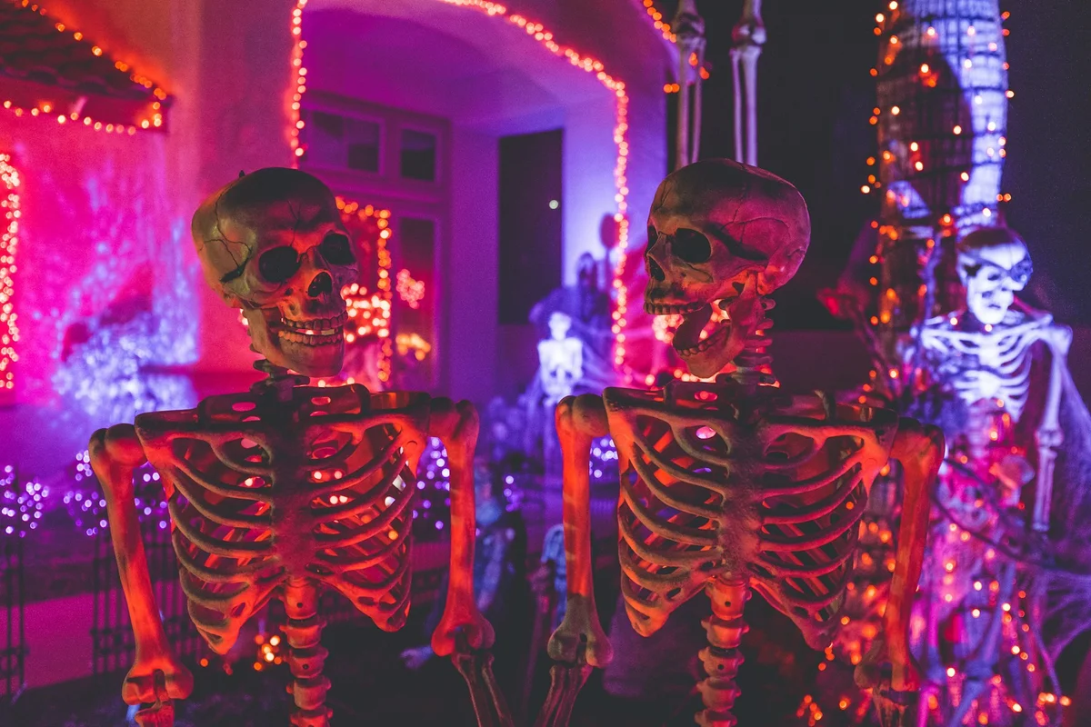 Two decorative skeletons inside a club