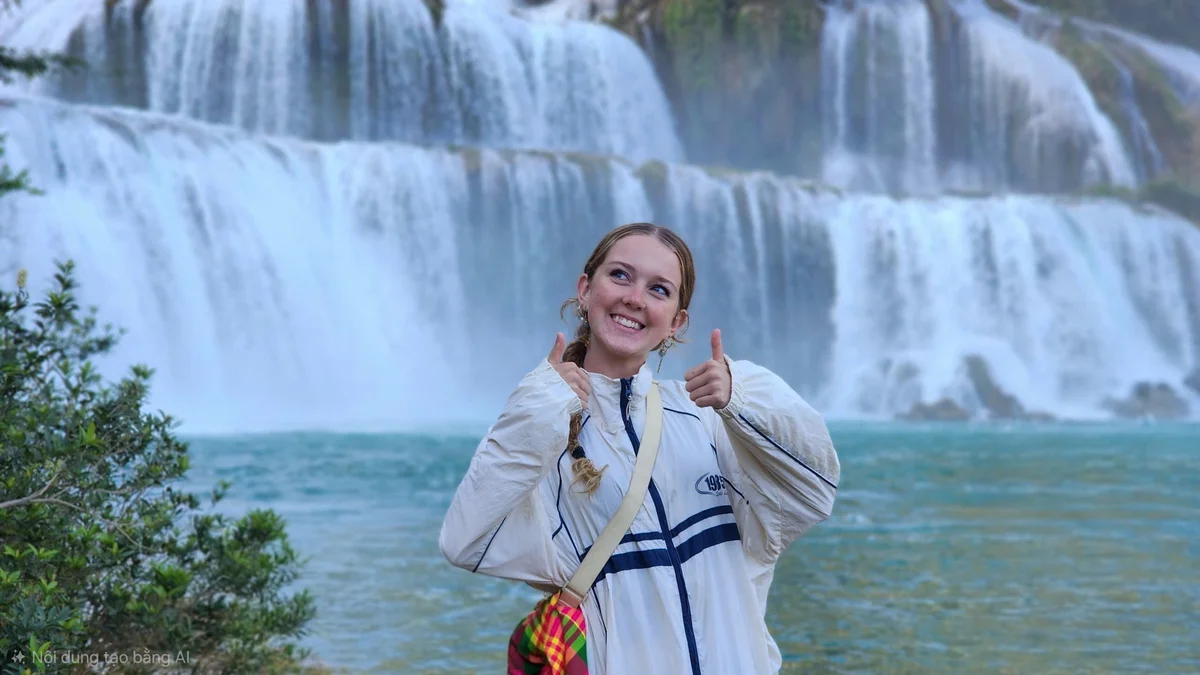 Smiling person gives thumbs up in front of a large waterfall. They're wearing a white jacket with blue stripes, exuding a joyful mood.