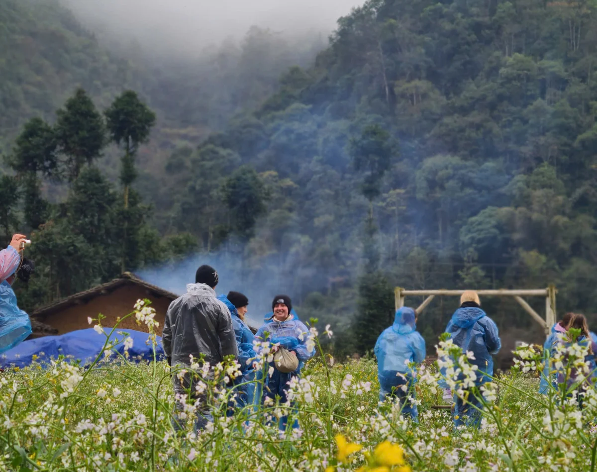 People in blue raincoats gather joyfully in a flowery field, surrounded by mist and forested hills. Some are capturing photos.
