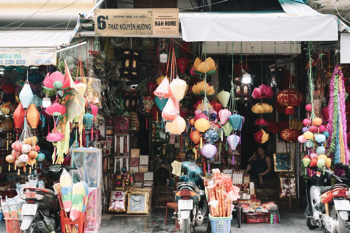 Assorted lanterns and gifts at shop in Hanoi, Vietnam