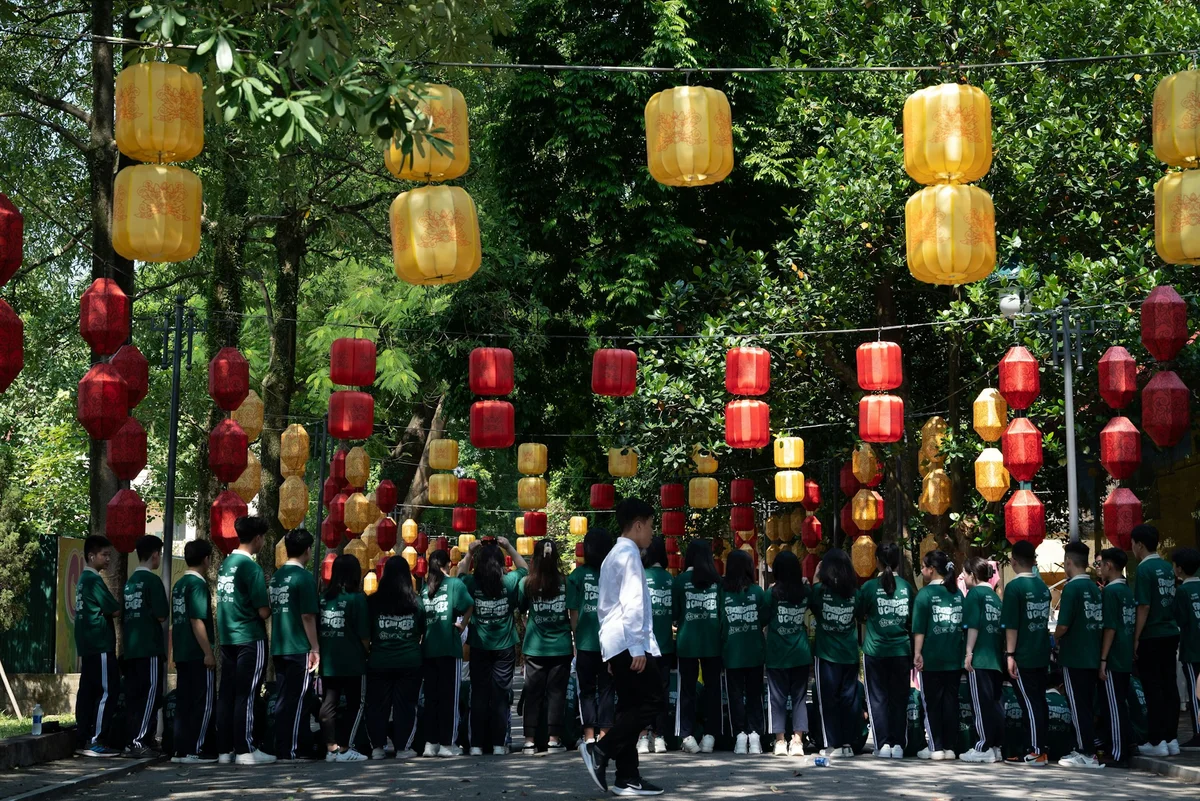 People in green shirts gather under red and yellow lanterns in a lush outdoor setting. Sunlight filters through the trees, creating a festive mood.