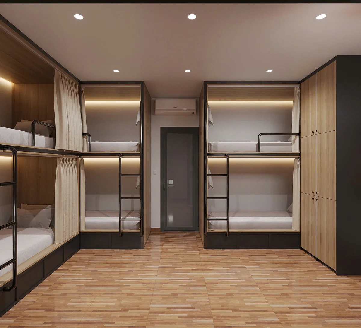 Modern dorm room with four wooden bunk beds, beige curtains, and black ladders. Wooden floors and a closed door create a tidy atmosphere.