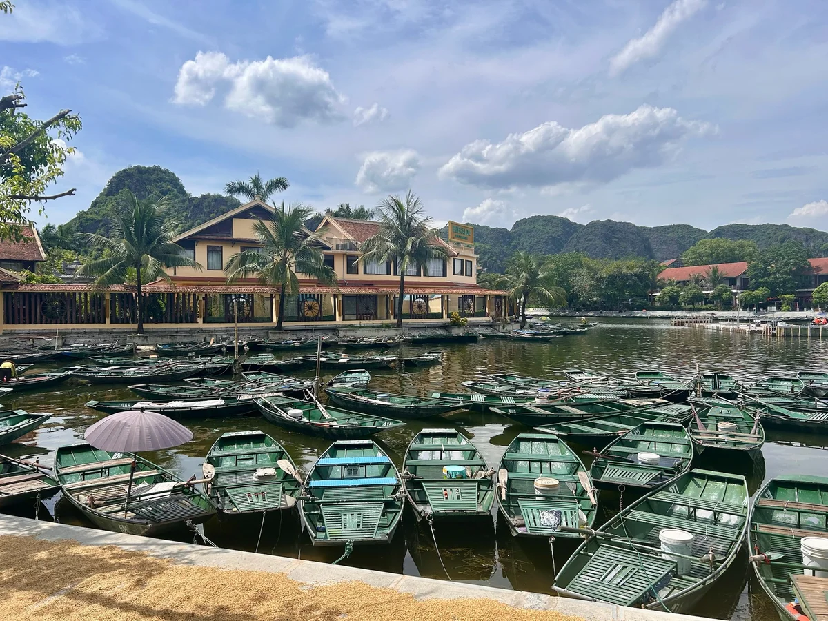 Green boats docked at a calm river, surrounded by palm trees and mountains. A yellow building in the background under a partly cloudy sky.