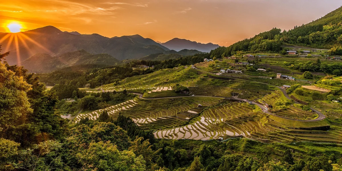 Sun sets over flooded rice terraces in Sapa