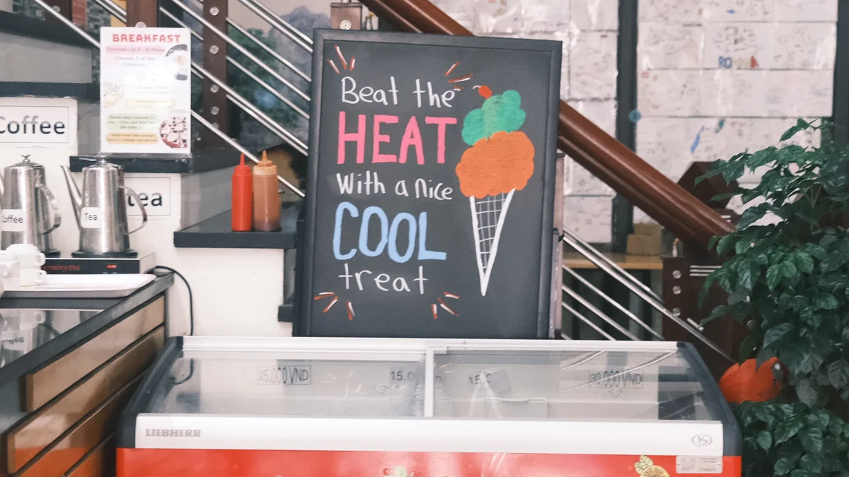 Sign advertising ice cream in a hostel setting