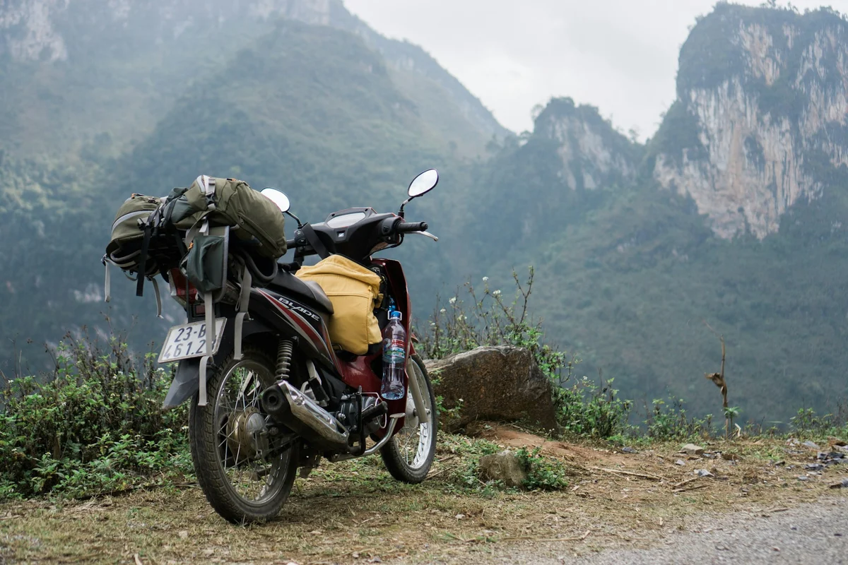 Motorcycle by the side of the road in Ha Giang