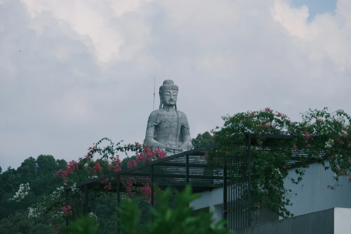 Giant Buddha statue behind a rooftop garden with pink flowers and vines. Overcast sky, green trees in the background.