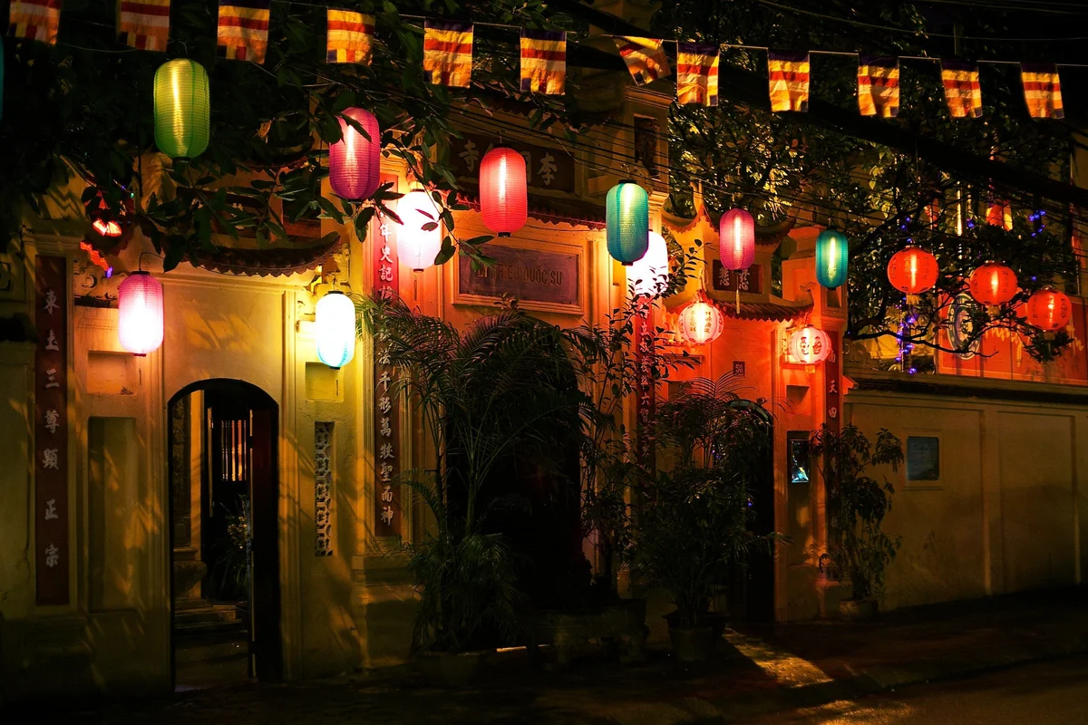 Lanterns hanging outside a temple in Vietnam